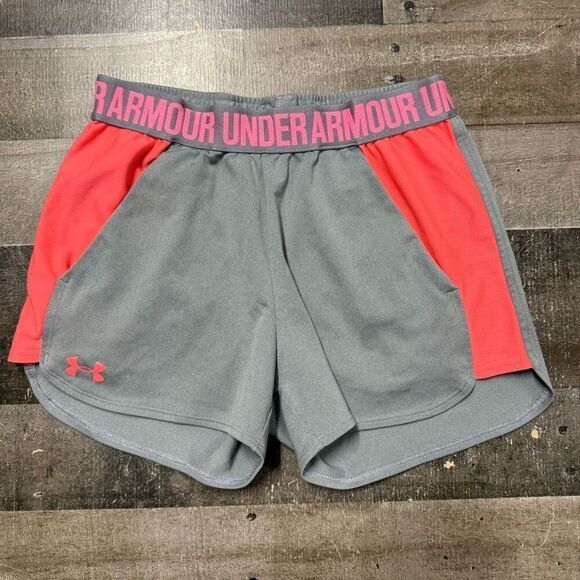 Under Armour Womens Size XS Logo Athletic Heat Running Shorts Gray Orange - Picture 1 of 6